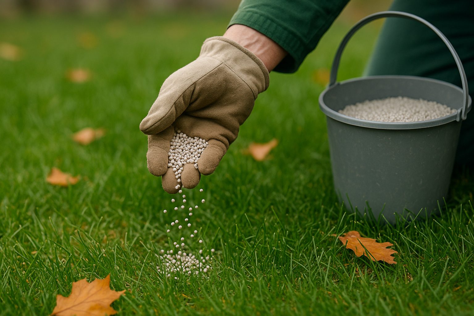 Herbstdünger wird mit der Hand auf den Rasen gestreut
