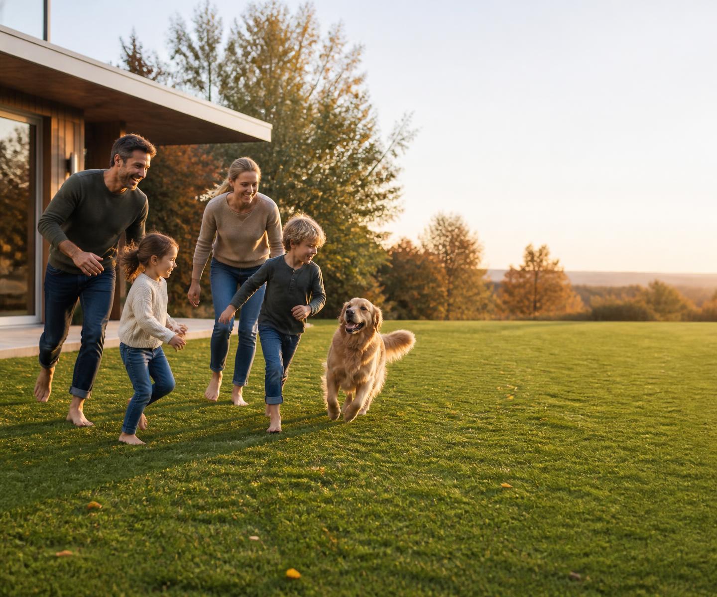 Familie mit Kindern und Hund auf frisch verlegtem Rollrasen im Herbst