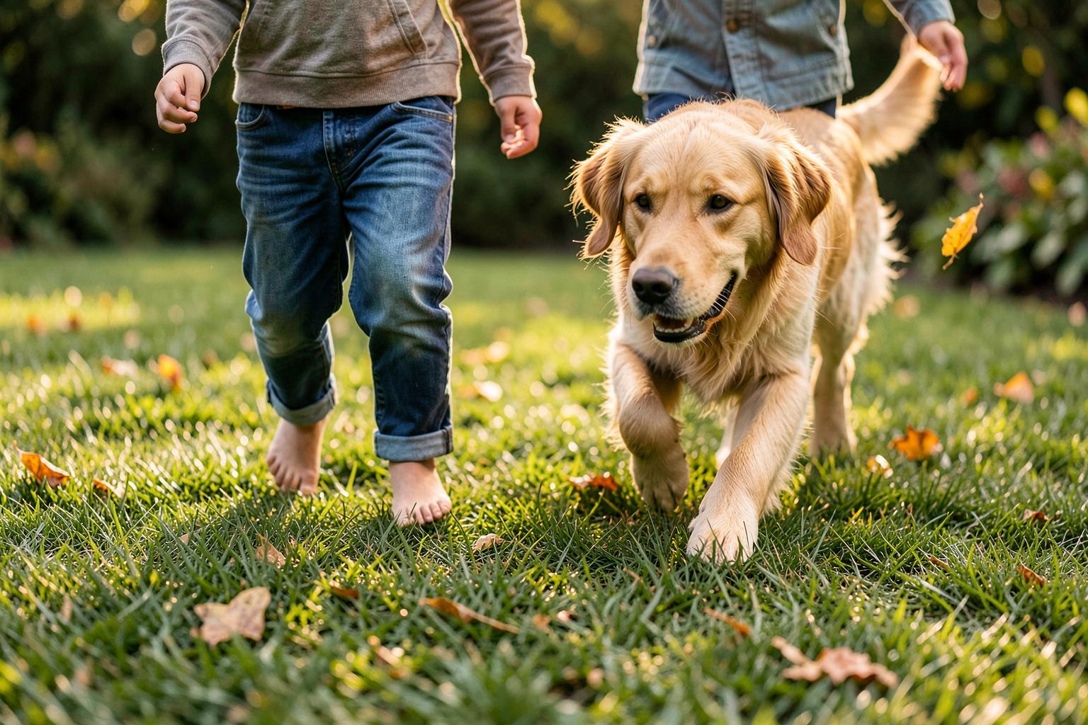 Kinder und Hund laufen über frisch verlegten Rollrasen im Herbst
