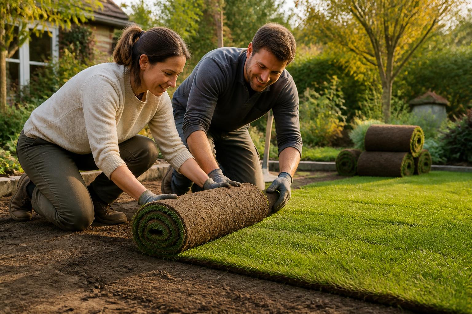 Rollrasen wird im Garten verlegt